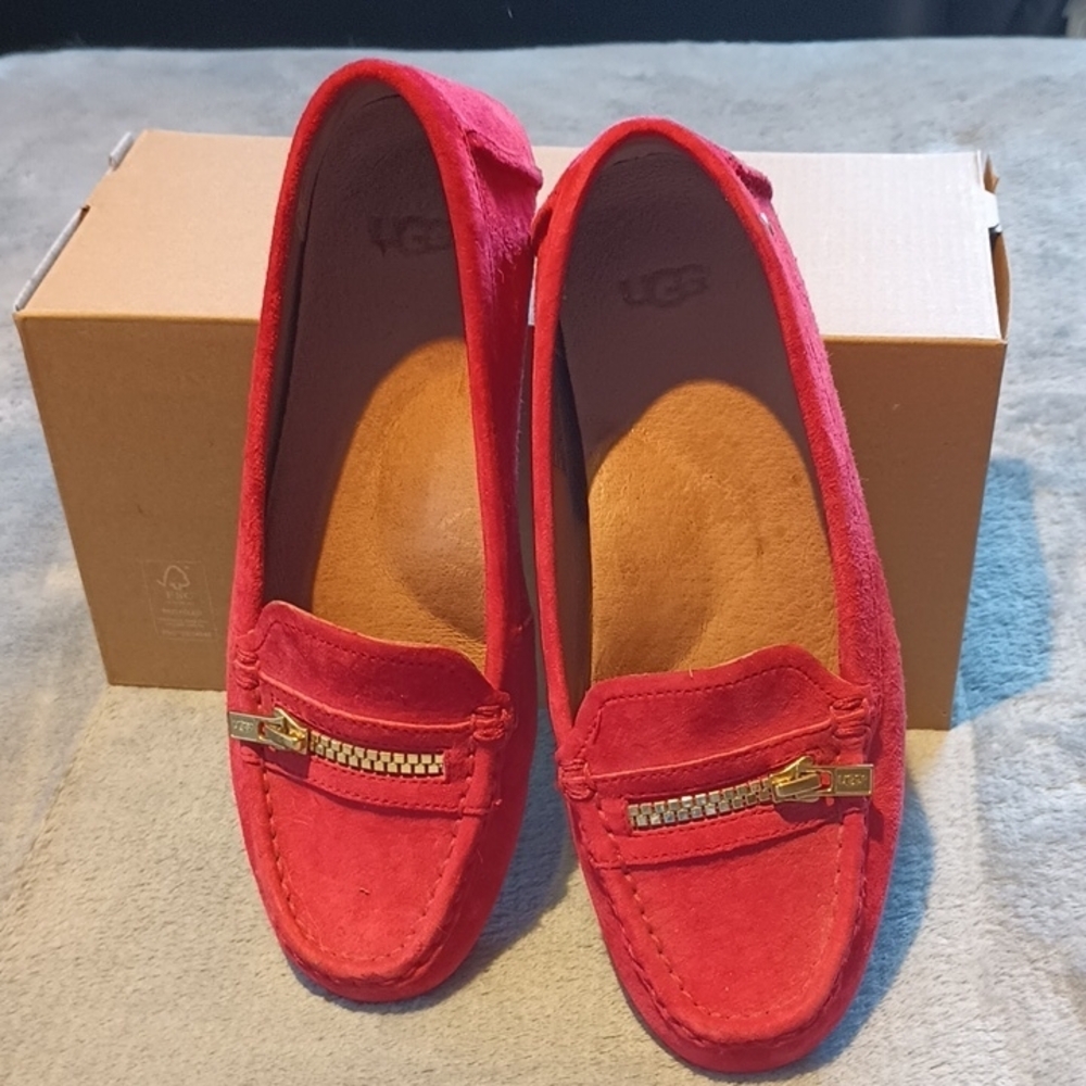 UGG Red Suede Loafers with Gold Accents